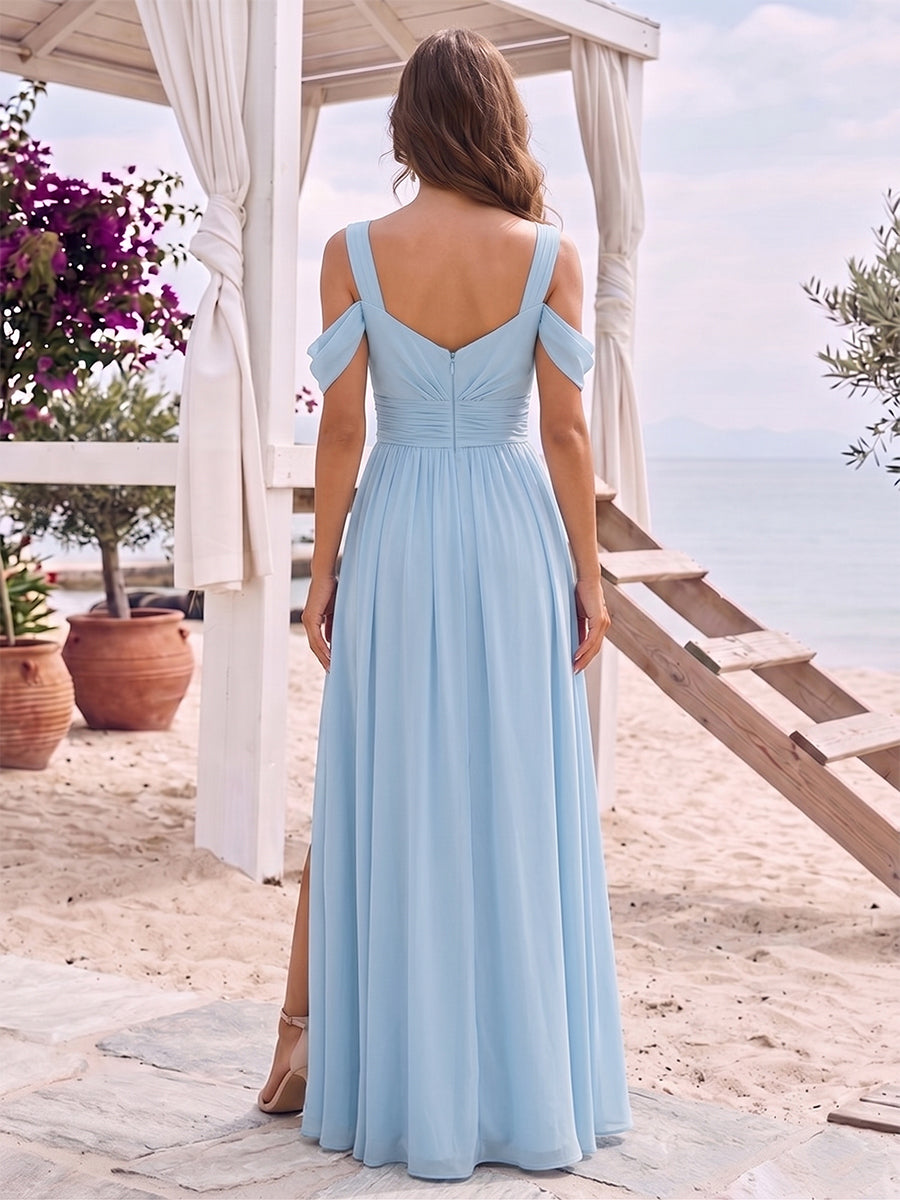A-Line/Princess Cold Shoulder Short Sleeves Split Side Ruched Floor-Length Chiffon Bridesmaid Dresses