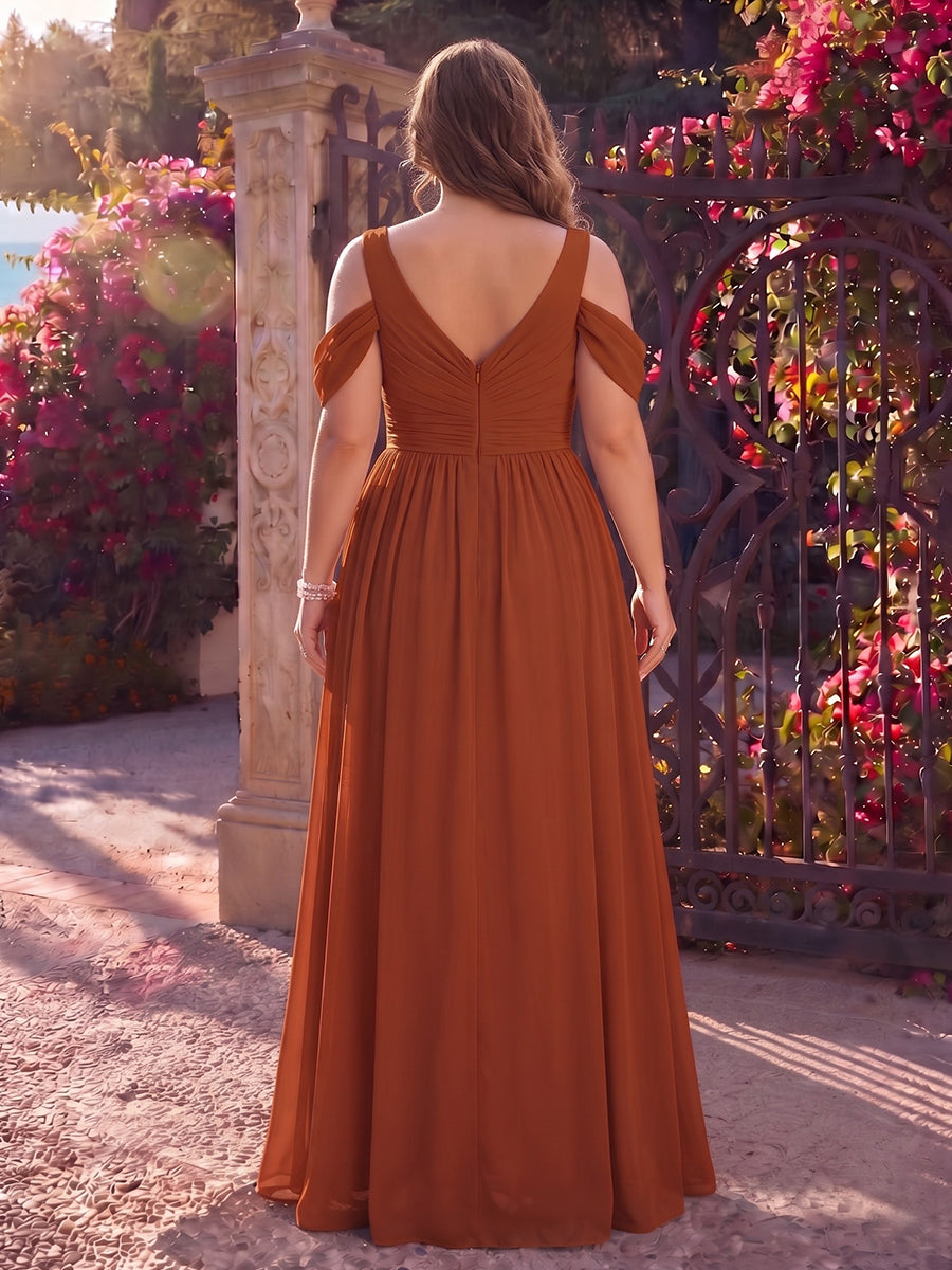 A-Line/Princess Cold Shoulder Sleeveless Chiffon Floor-Length Plus Size Bridesmaid Dresses with Split Side & Ruched