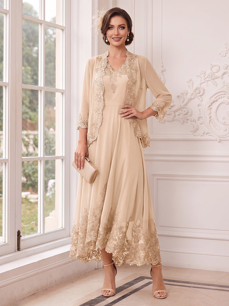 A-Line/Princess V-Neck 3/4 Sleeves Ankle-Length Mother of the Bride Dr – Lavetir UK