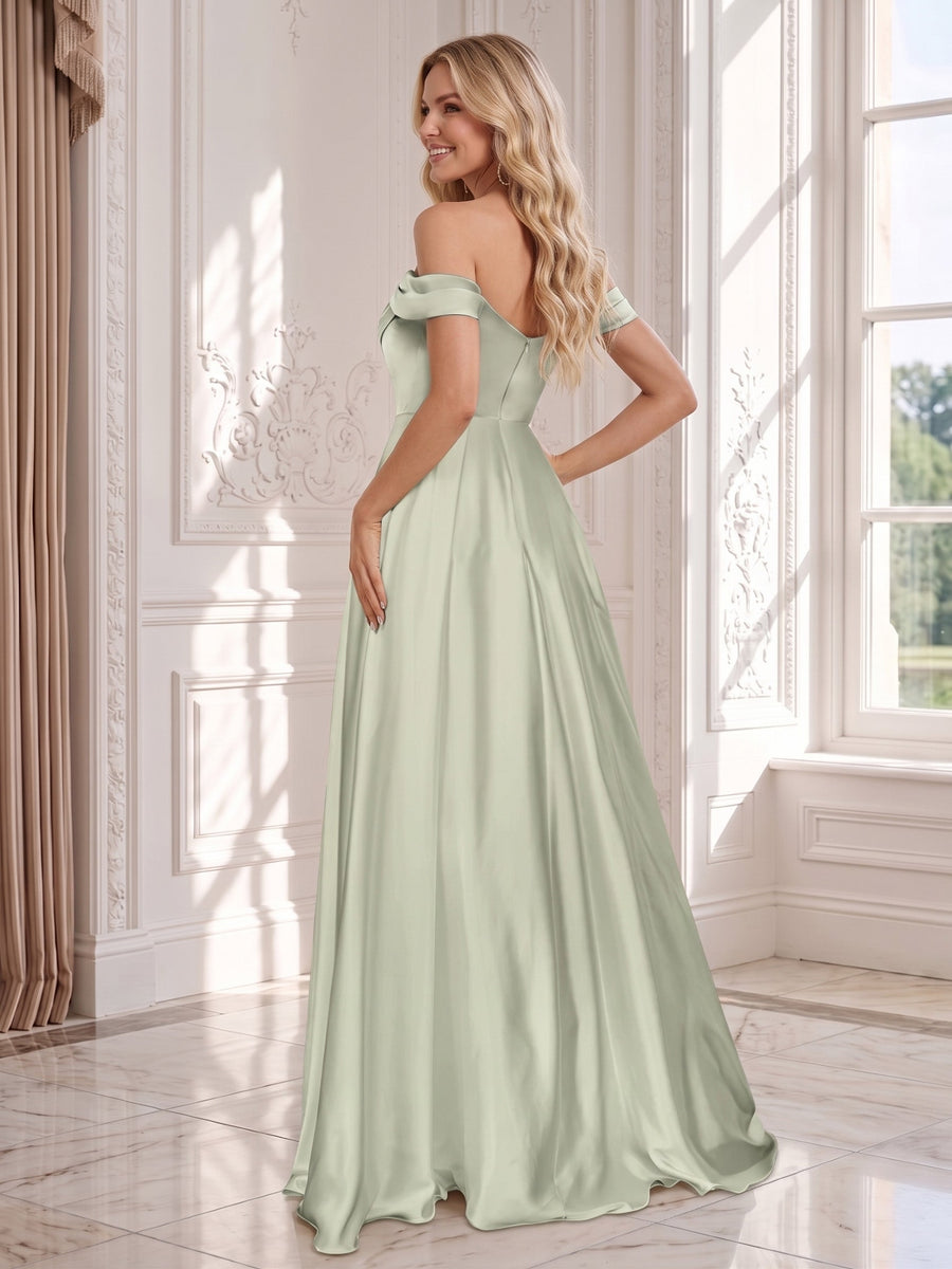 Floor-Length Off-the-Shoulder Wedding Guest Dresses with Split Side & Ruched