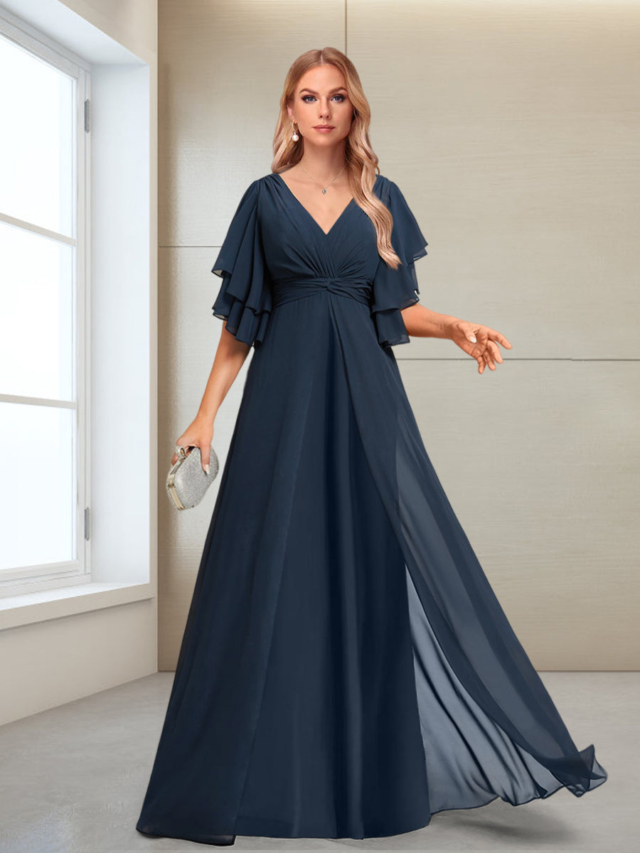 A-Line/Princess V-Neck Half Sleeves Floor-Length Mother of the Bride Dresses with Beading & Applique
