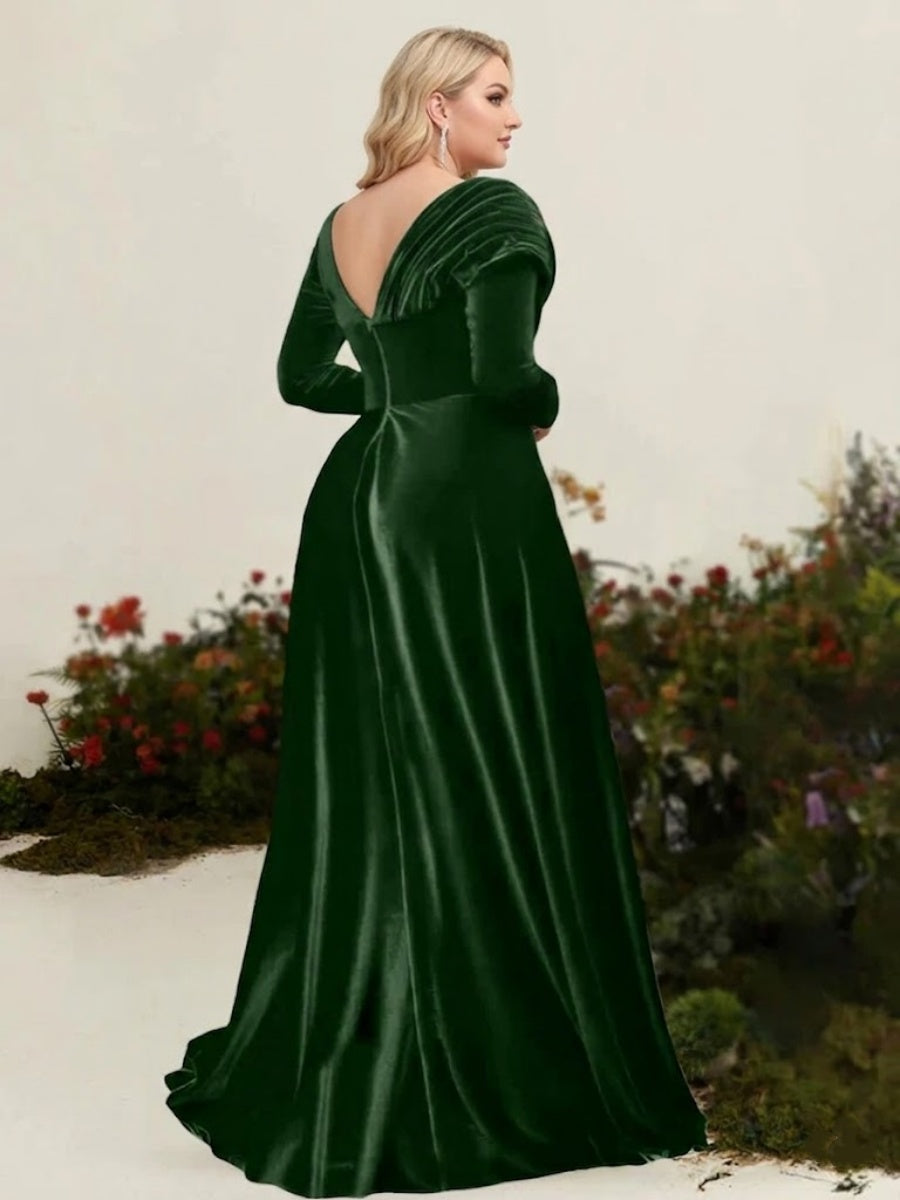 A-Line/Princess Asymmetrical Long Sleeves Pleated Velvet Plus Size Mother Of the Bride Dresses