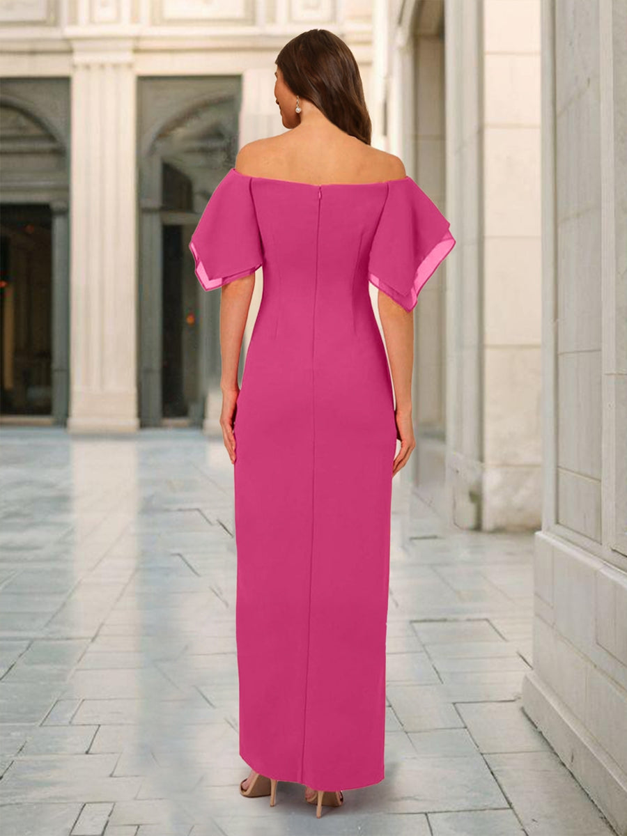 Sheath/Column Off-the-Shoulder Short Sleeves Bridesmaid Dresses with Split Side