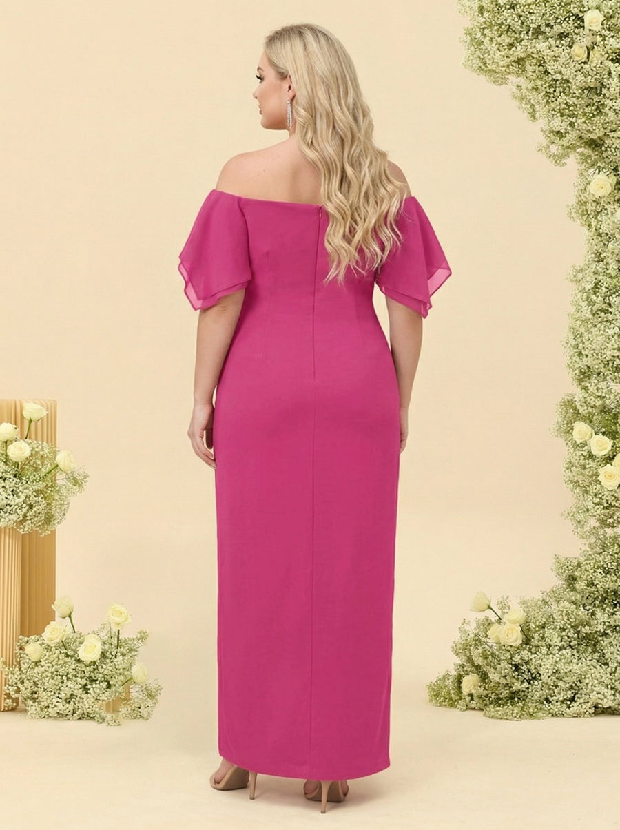Sheath/Column Off-the-Shoulder Short Sleeves Plus Size Bridesmaid Dresses with Split Side