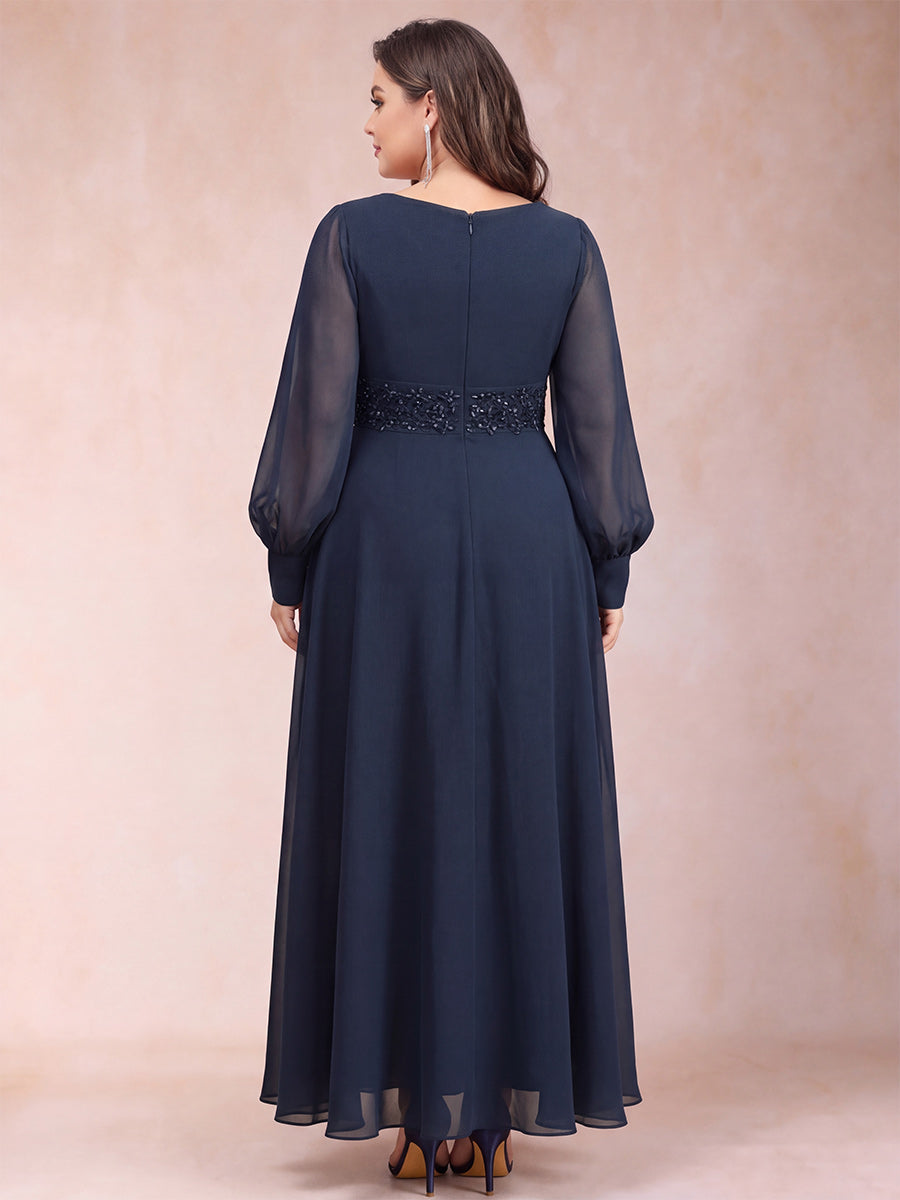 A-Line/Princess V-Neck Long Sleeves Plus Size Mother of the Bride Dresses with Rhinestone & Ruffles