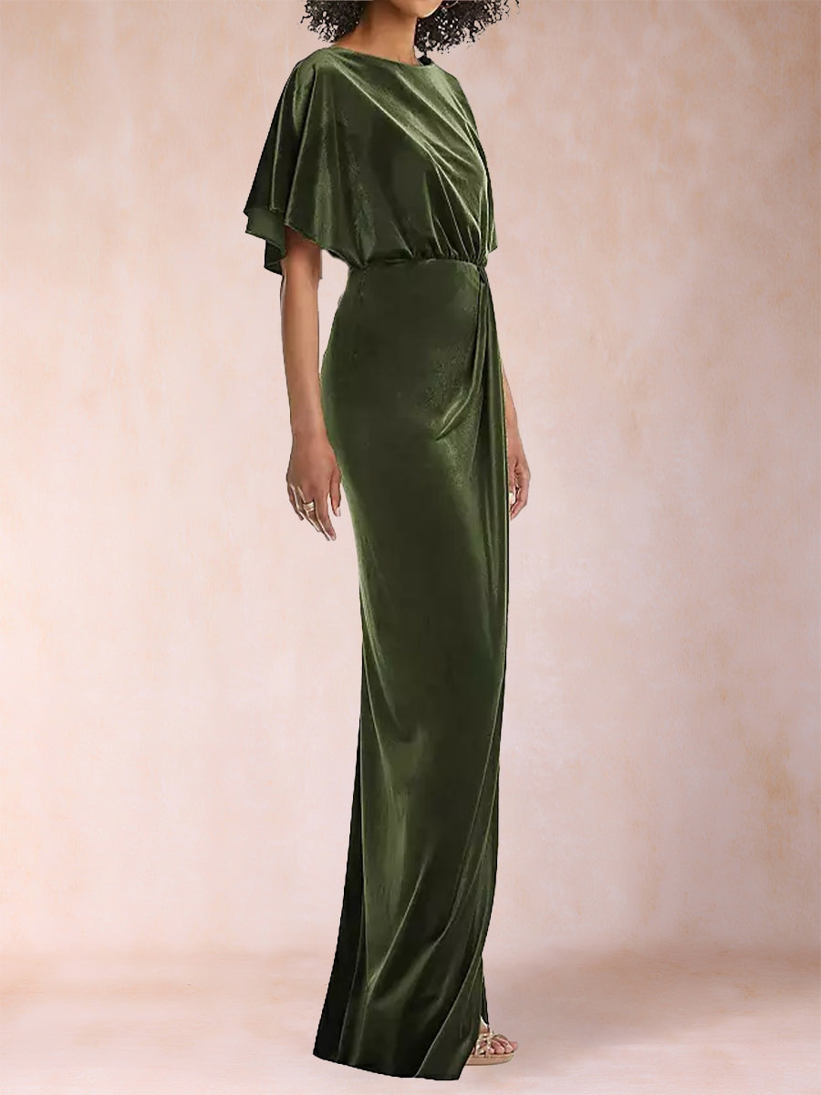 Sheath/Column Scoop Short Sleeves Floor-Length Evening Dresses with Split Side & Ruffles