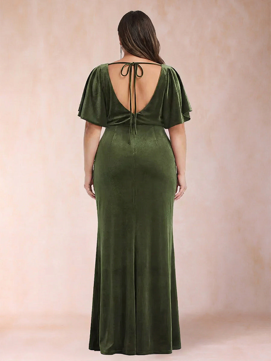 Sheath/Column Scoop Short Sleeves Plus Size Evening Dresses with Split Side & Ruffles