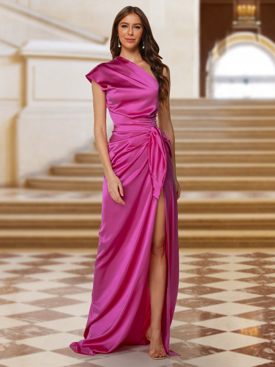 Sheath/Column Off-the-Shoulder Ruched Evening Dresses with Side Slit & Ruffles main image 1
