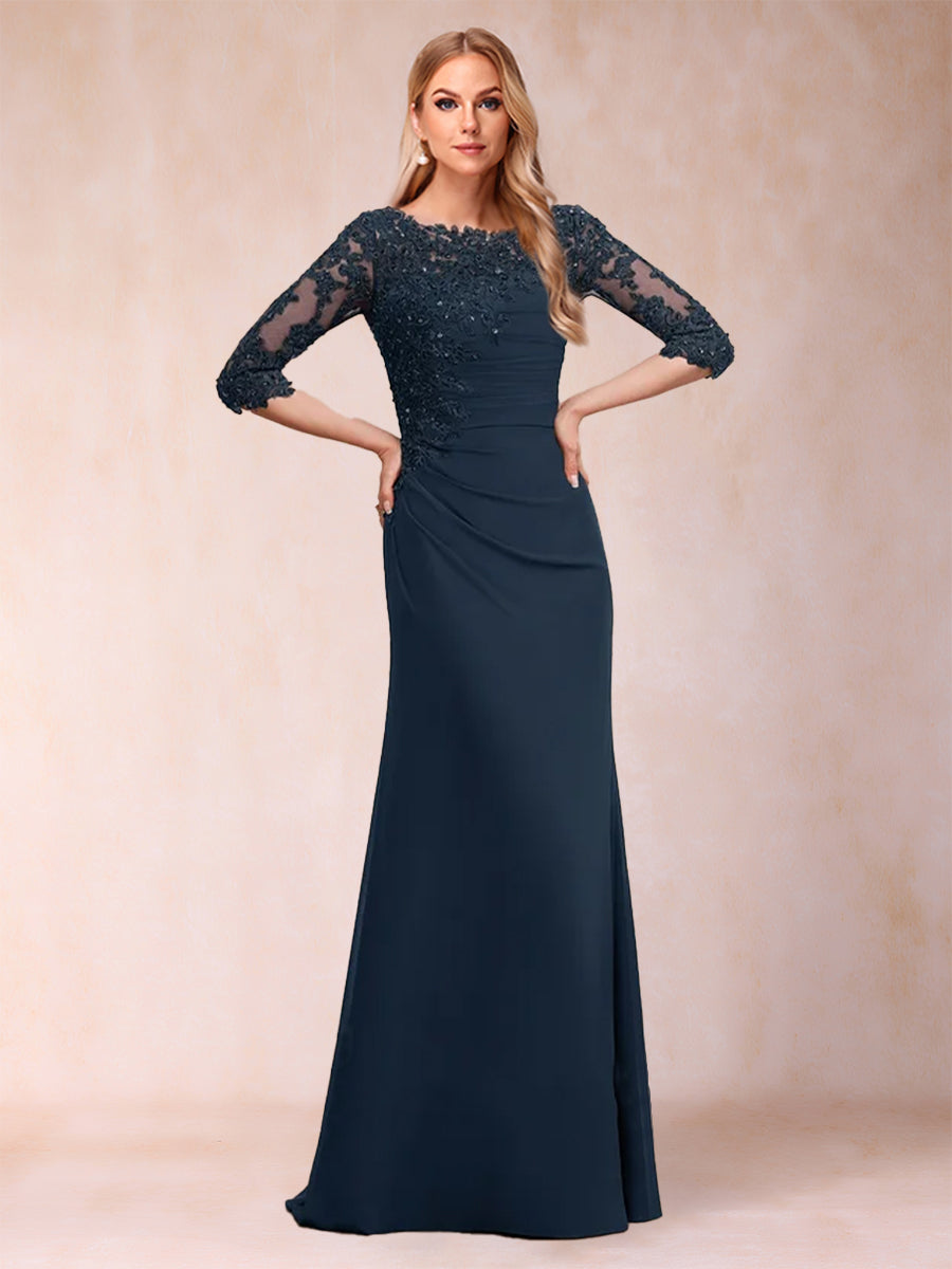 Sheath/Column V-Neck 3/4 Sleeves Ruched Mother Of The Bride & Groom Dresses with Ruffles