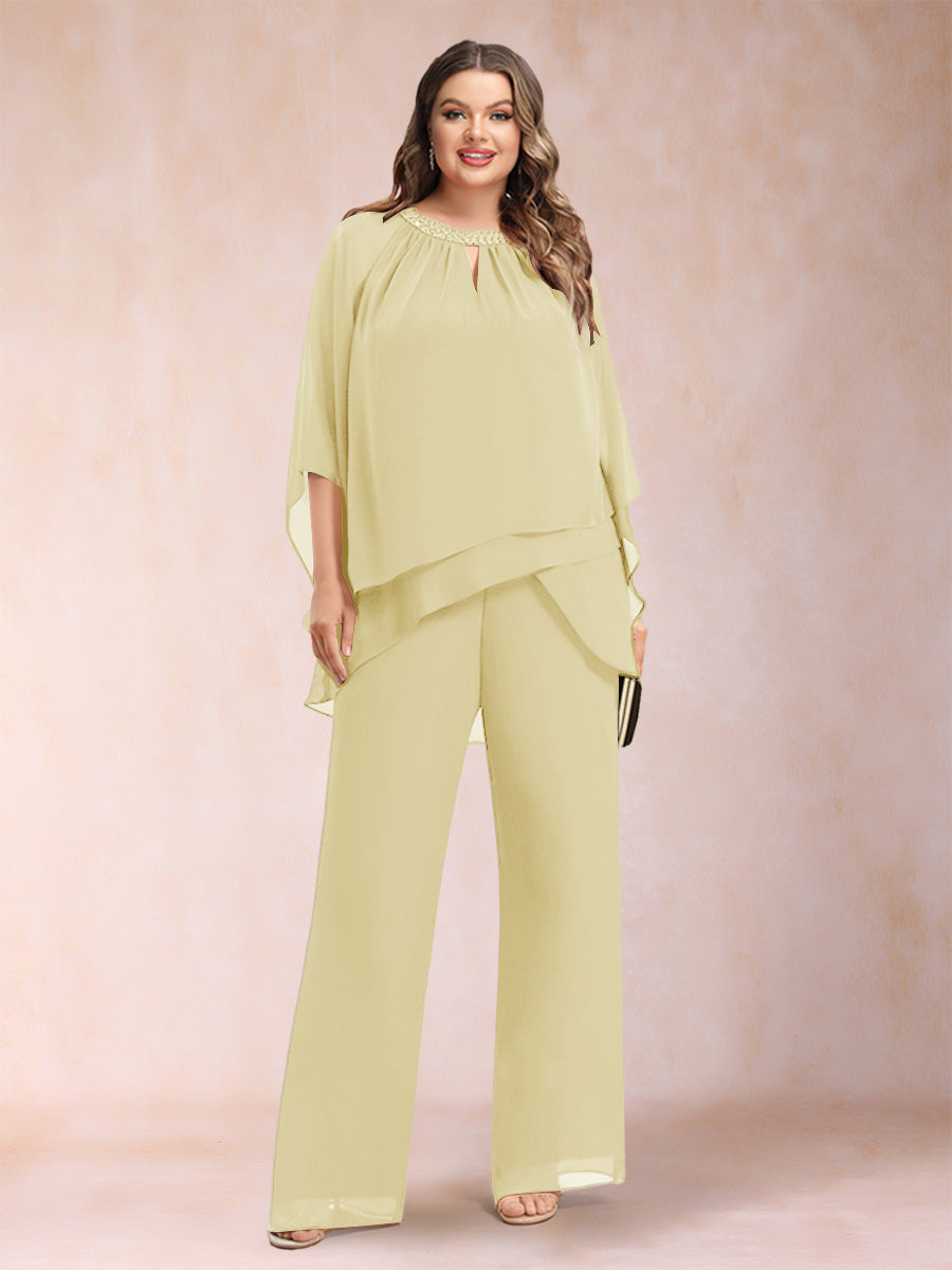 Chiffon Scoop 3/4 Sleeves 2 Pieces Plus Size Pantsuits with Rhinestone & Hollow