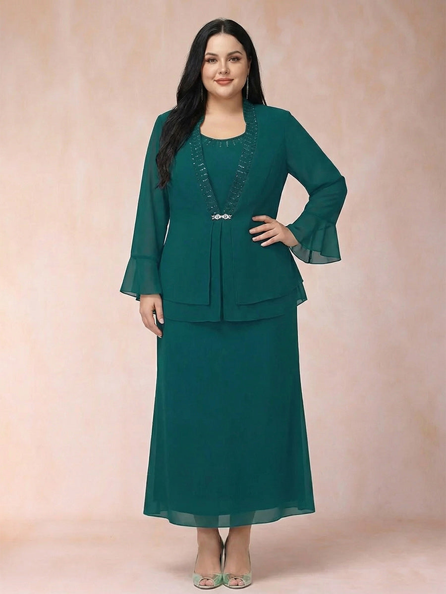 Sheath/Column Chiffon Scoop Long Sleeves Plus Size 2 Pieces with Rhinestone & Jacket