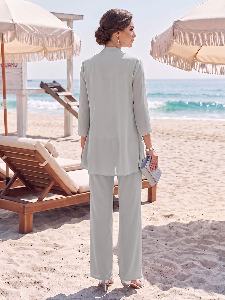 Chiffon Scoop Long Sleeves 3 Pieces Pantsuits Floor-Length with Ruched & Jacket