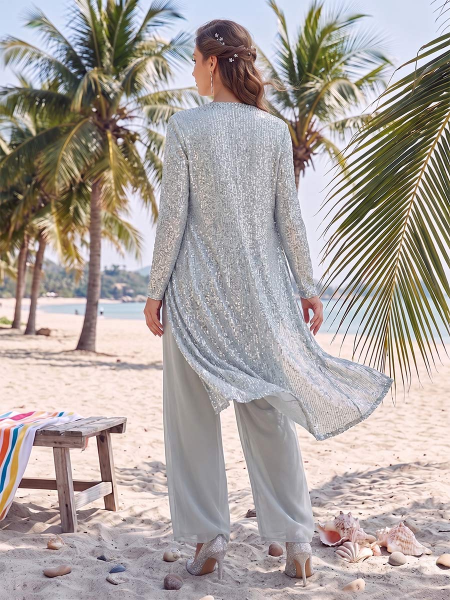Chiffon Scoop Long Sleeves Floor-Length 3 Pieces Pantsuits with Sequins & Jacket