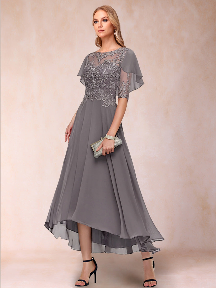 A-Line/Princess Scoop Half Sleeves Chiffon Mother of the Bride Dresses with Appliques