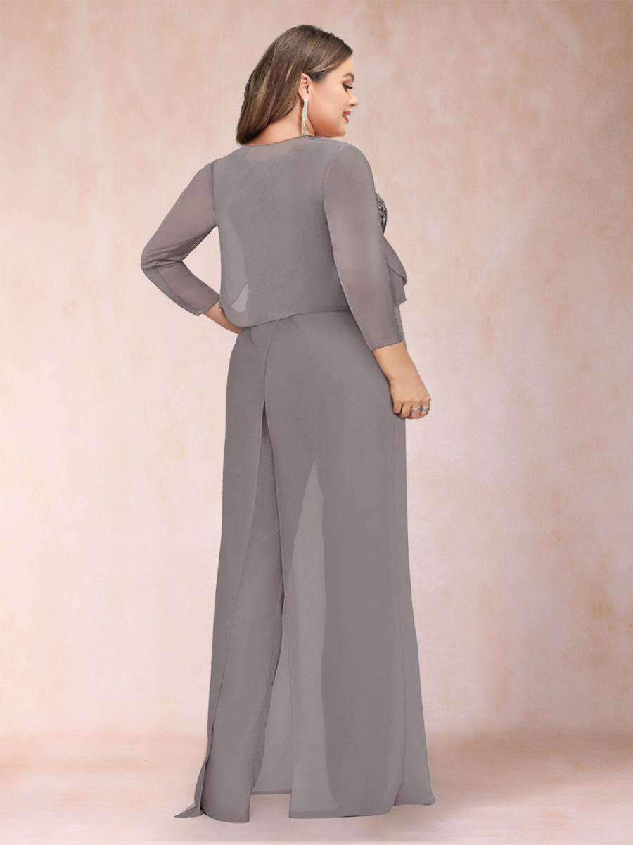 Sheath/Column Scoop Long Sleeves Plus Size 2 Pieces Pantsuits with Applique & Jacket