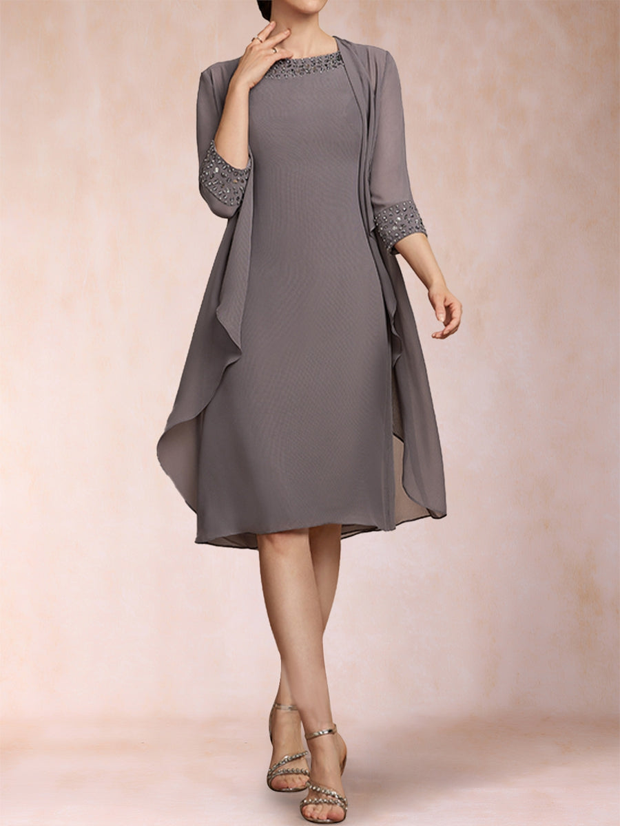 Sheath/Column Scoop 3/4 Sleeves 2 Pieces Mother of the Bride Dresses with Rhinestone & Jacket
