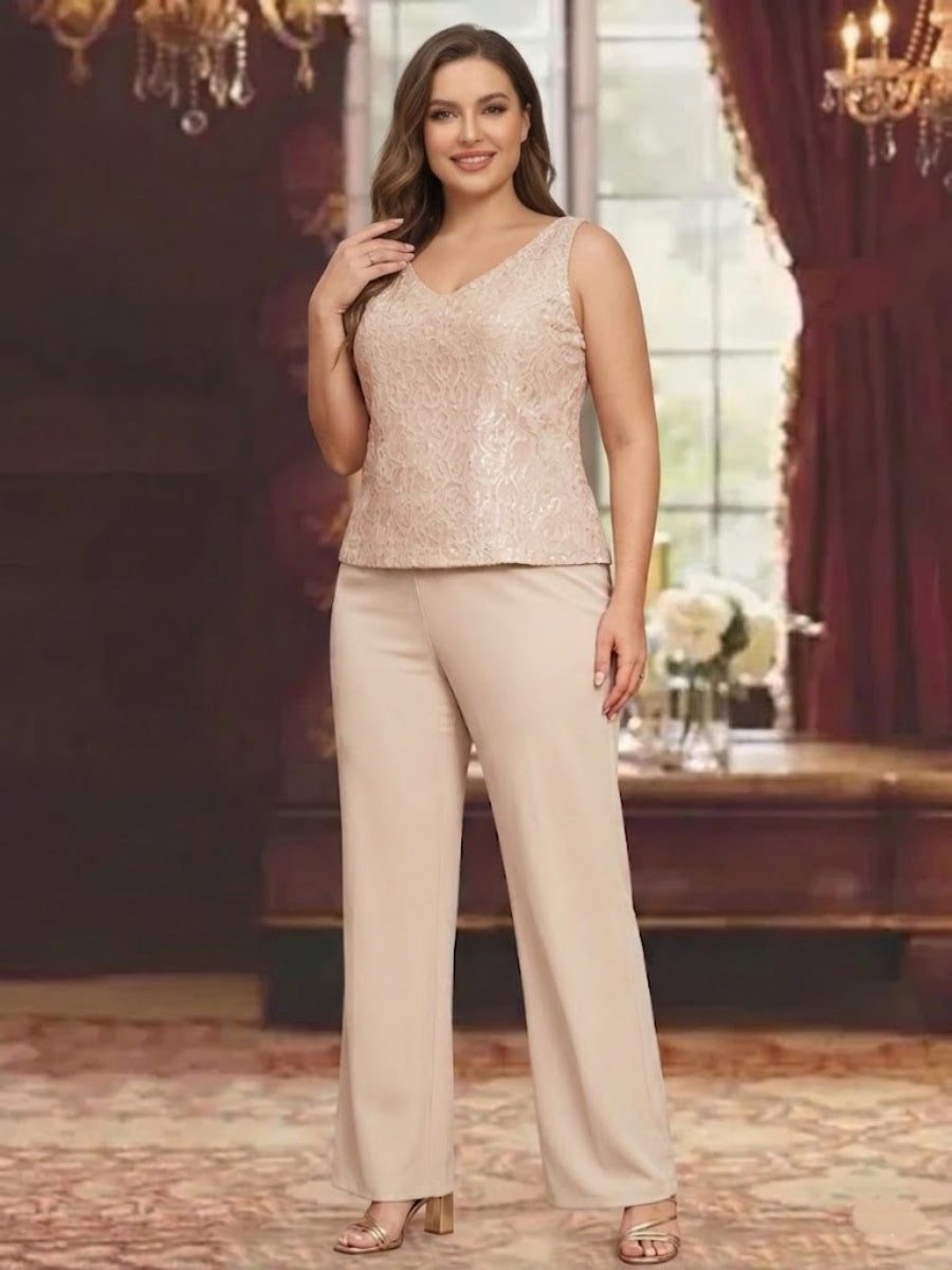 Chiffon Round Neck Floor-Length Plus Size Mother of the Bride Pantsuits with Jacket
