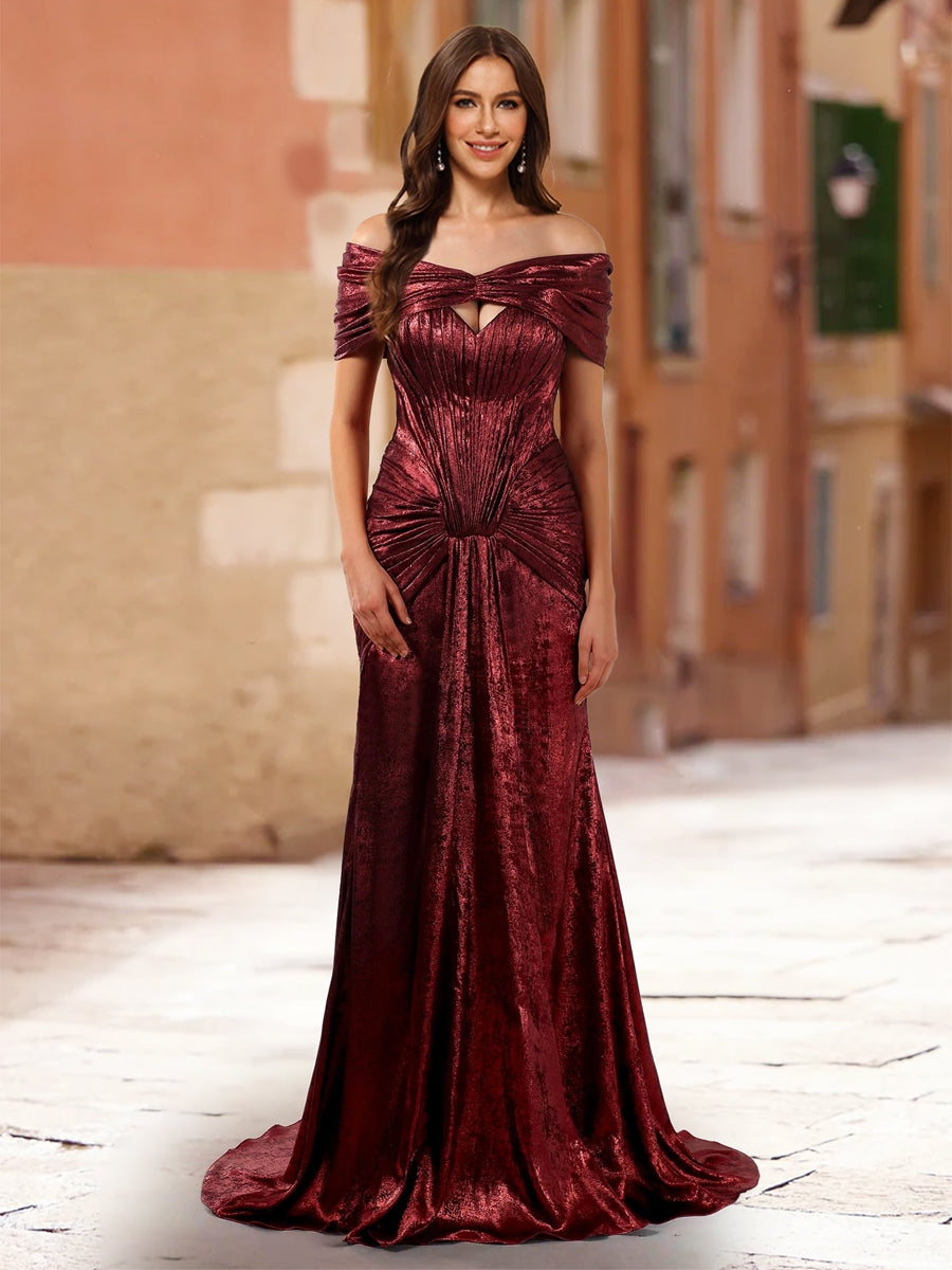 Sheath/Column Off-the-Shoulder Short Sleeves Prom Dresses with Ruched –  Lavetir UK