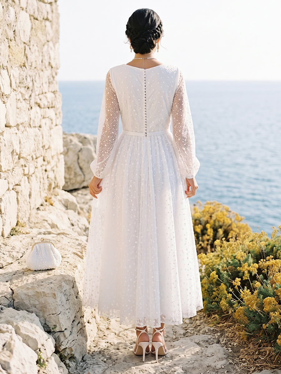A-Line/Princess V-Neck Long Sleeves Ruched Wedding Dresses