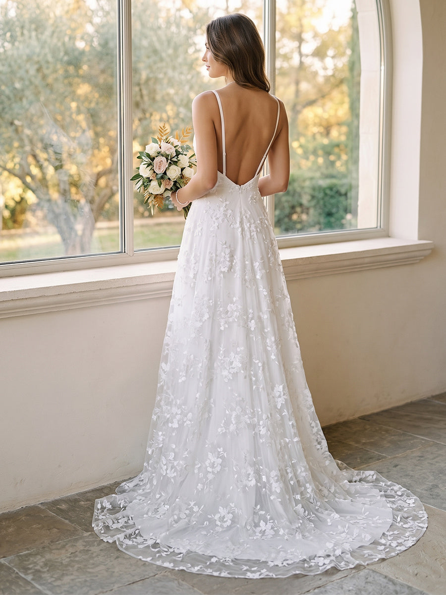 A-Line/Princess V-Neck Sleeveless Split Side Wedding Dresses