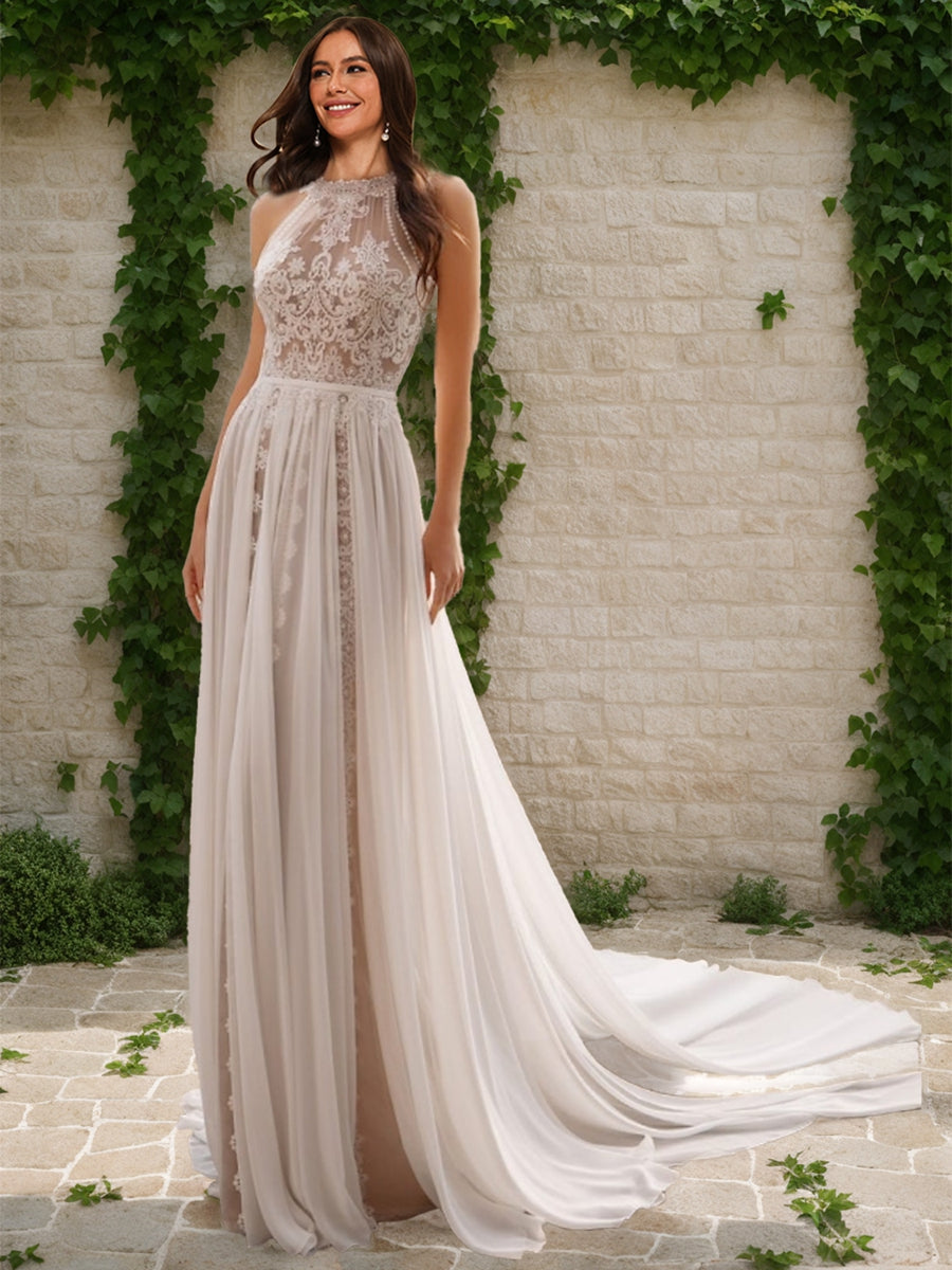 A-Line/Princess Halter Sleeveless Ruched Wedding Dresses – Lavetir UK