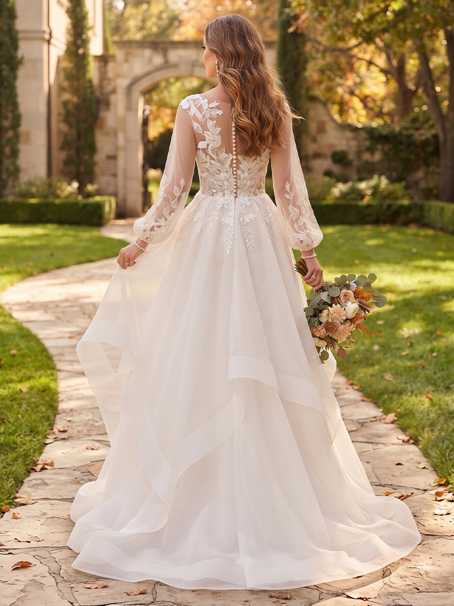 Ball Gown V-Neck Long Sleeves Lace Wedding Dresses
