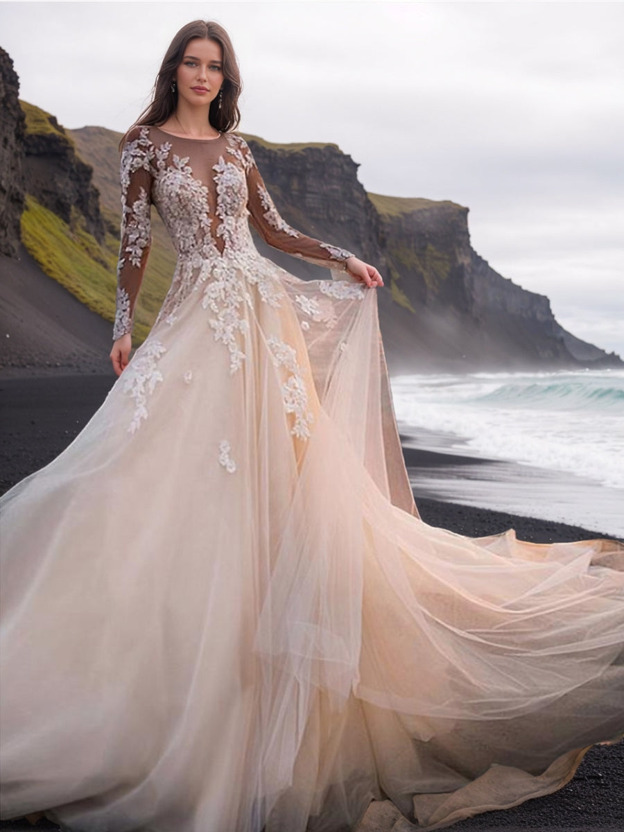 A-Line/Princess Scoop Long Sleeves Applique Wedding Dresses – Lavetir UK