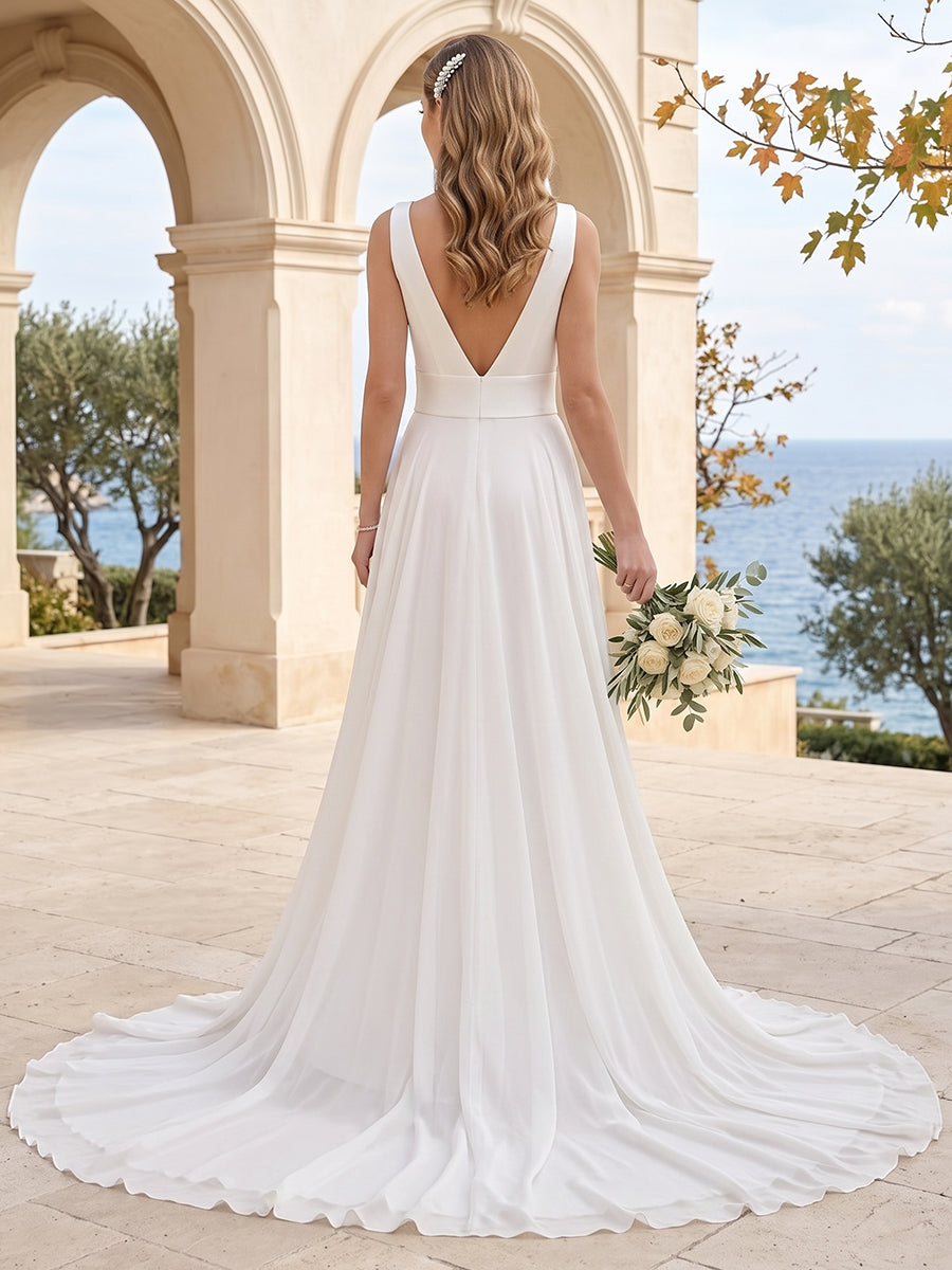 A-Line/Princess Scoop Sleeveless Split Side Wedding Dresses