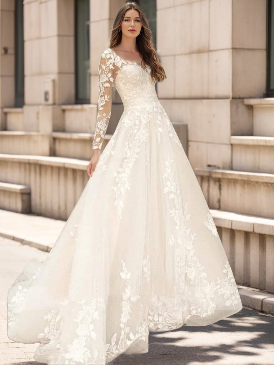 A-Line/Princess V-Neck Long Sleeves Lace Wedding Dresses Lavetir UK A-Line/Princess V-Neck Long Sleeves Lace Wedding Dresses Lavetir UK