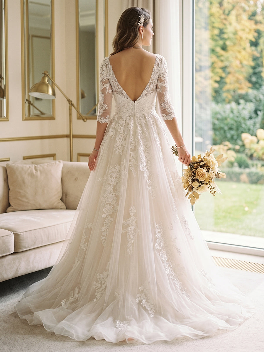 A-Line/Princess V-Neck 3/4 Sleeves Lace Wedding Dresses