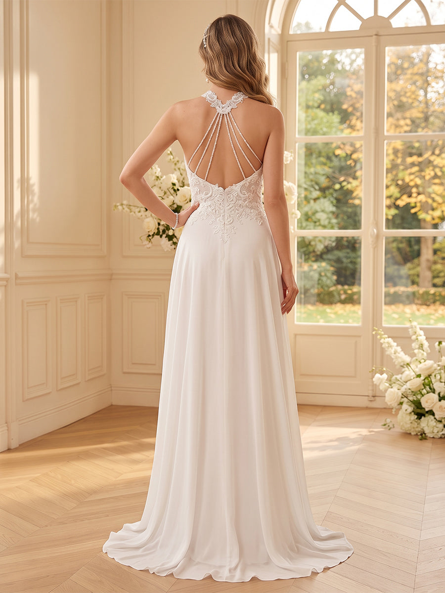 A-Line/Princess High Neck Sleeveless Lace Wedding Dresses