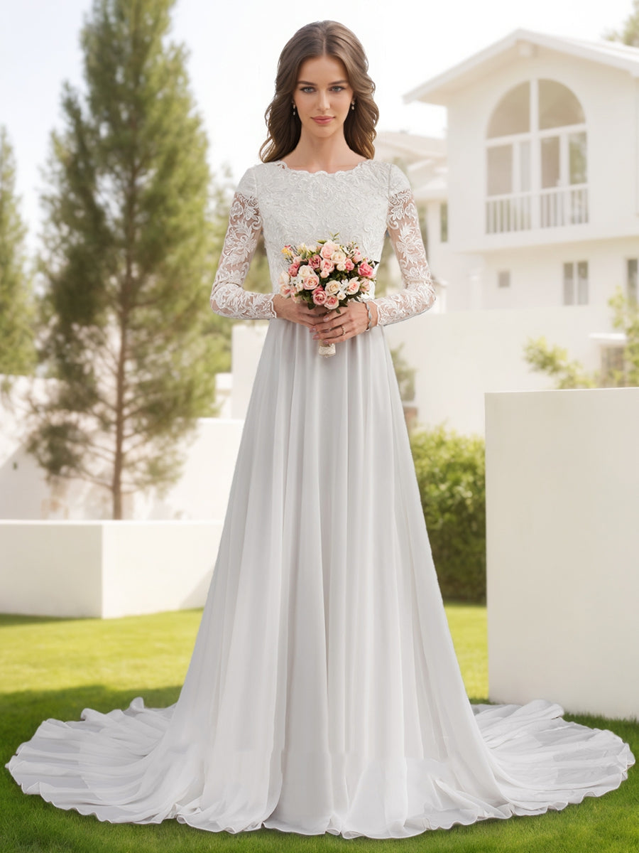 A-Line/Princess Scoop Long Sleeves Beading Wedding Dresses Lavetir UK A-Line/Princess Scoop Long Sleeves Beading Wedding Dresses Lavetir UK