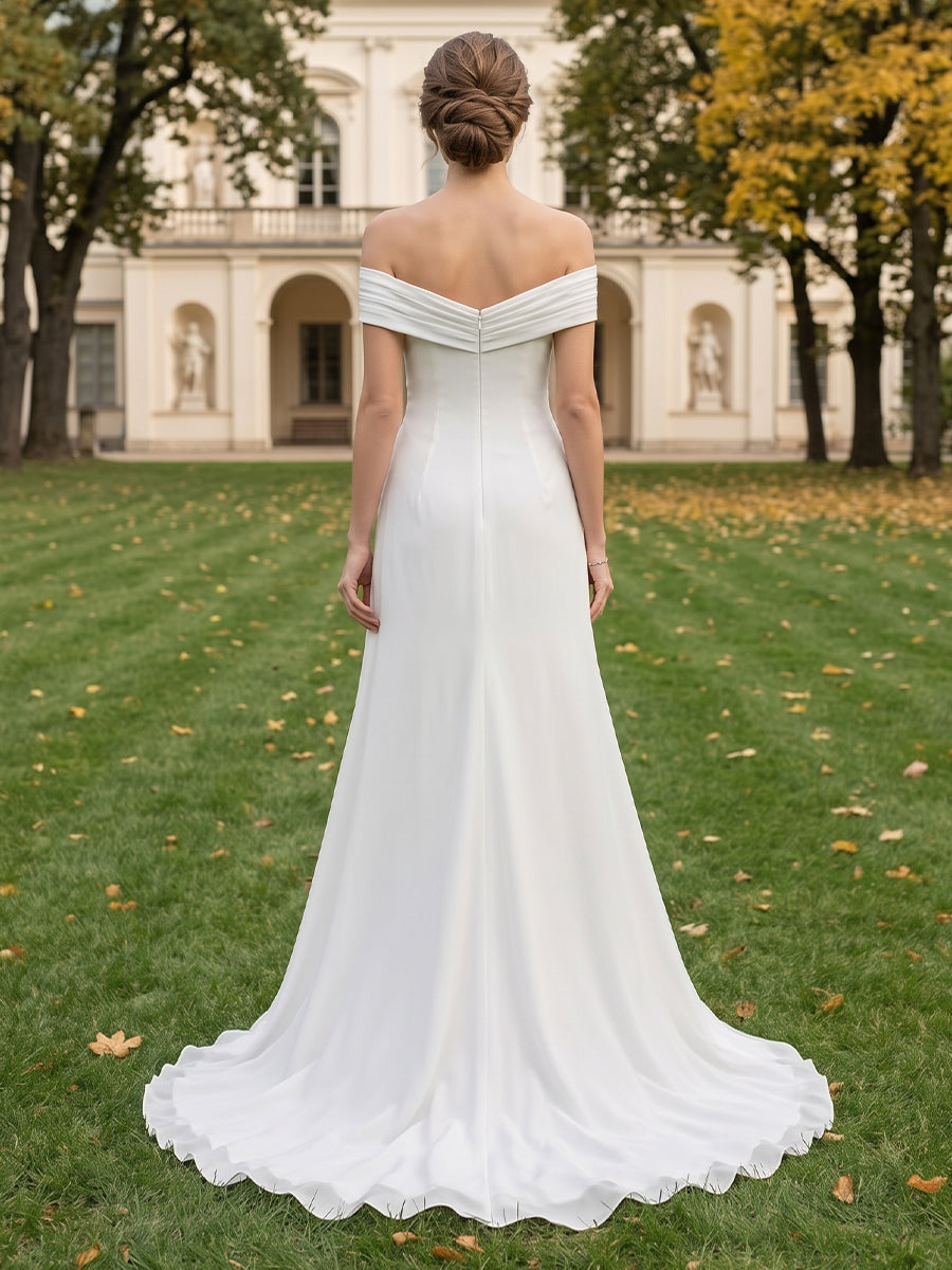 A-Line/Princess Off-the-Shoulder Short Sleeves Split Side Wedding Dresses