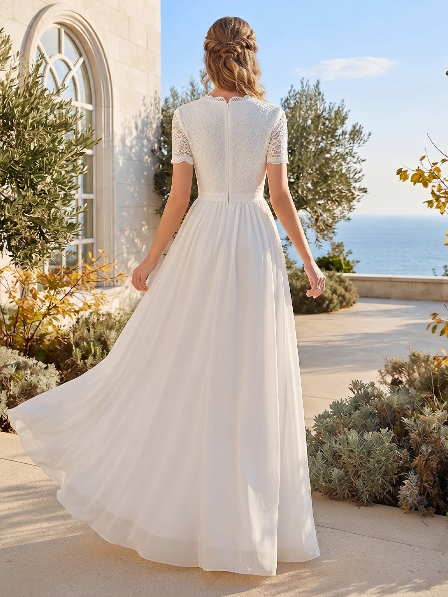 A-Line/Princess V-Neck Short Sleeves Lace Wedding Dresses