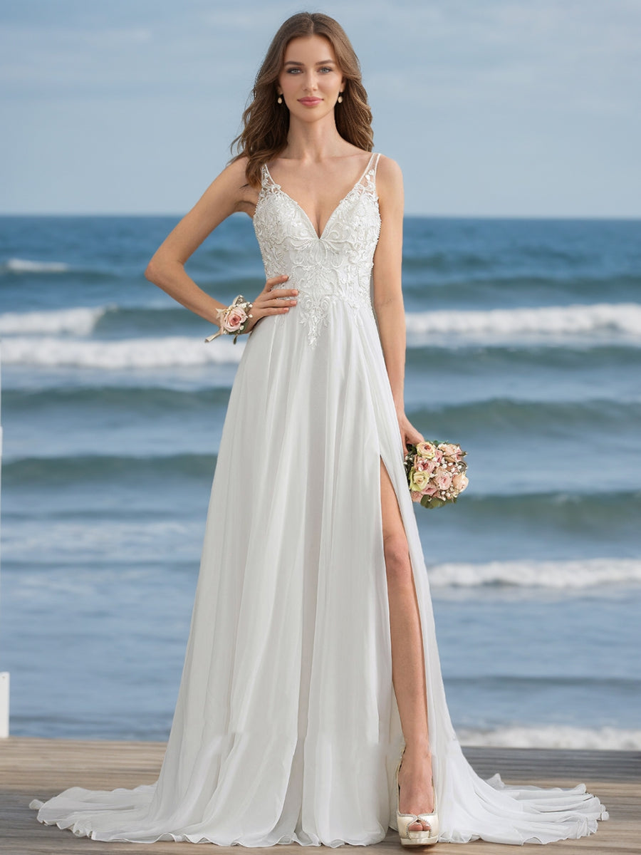 A-Line/Princess V-Neck Sleeveless Beading Wedding Dresses Lavetir UK A-Line/Princess V-Neck Sleeveless Beading Wedding Dresses Lavetir UK