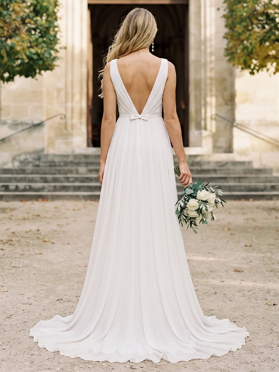 A-Line/Princess V-Neck Sleeveless Ruched Wedding Dresses