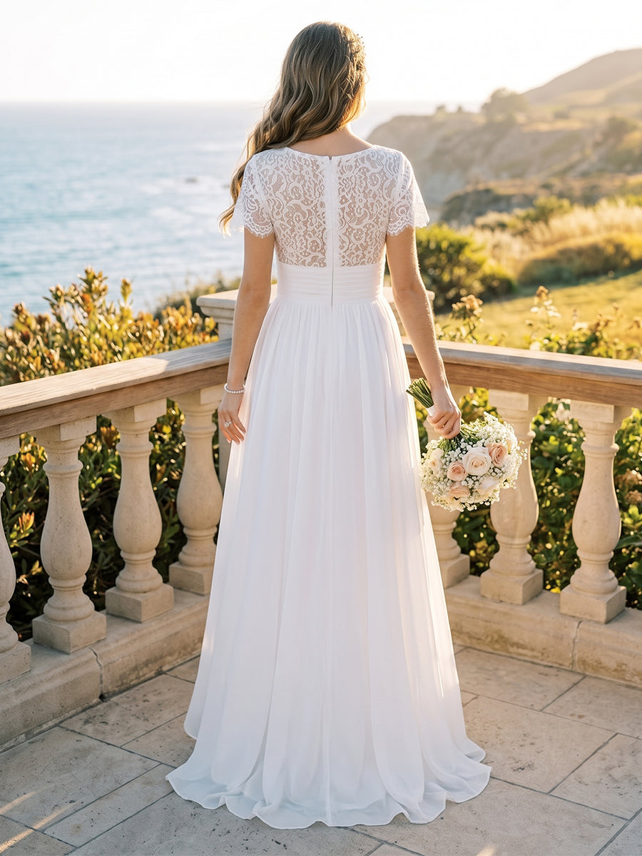 A-Line/Princess V-Neck Short Sleeves Ruched Wedding Dresses