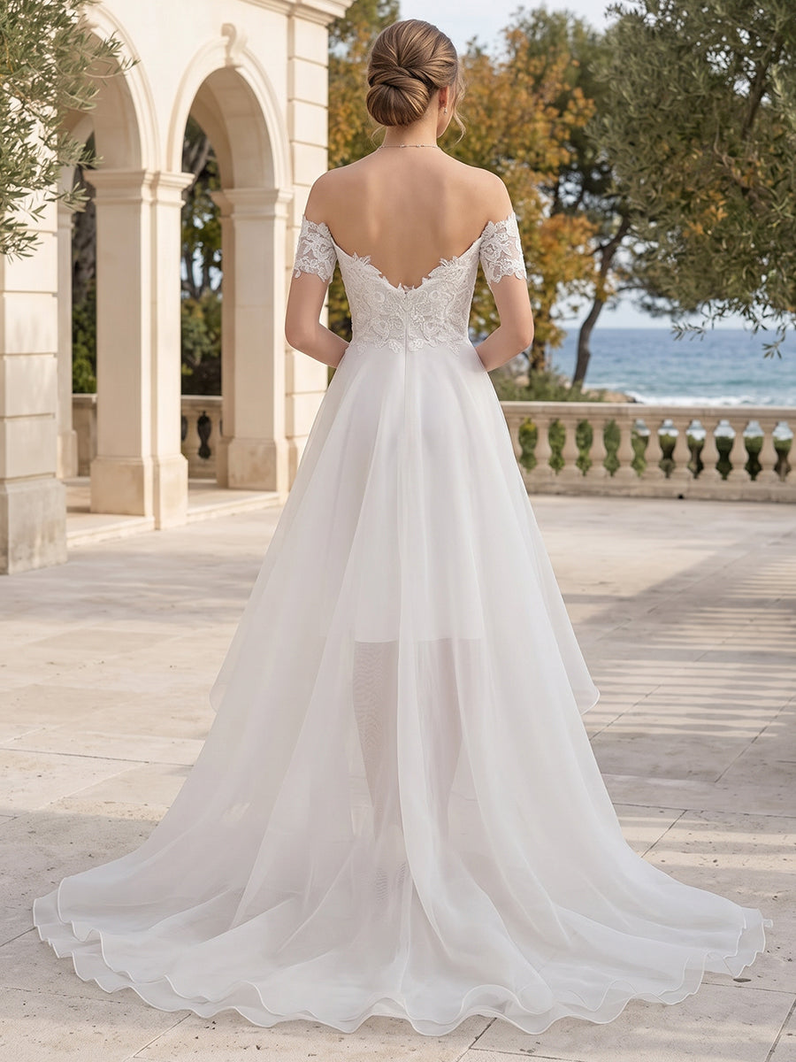 A-Line/Princess Off-the-Shoulder Short Sleeves Ruffles Wedding Dresses