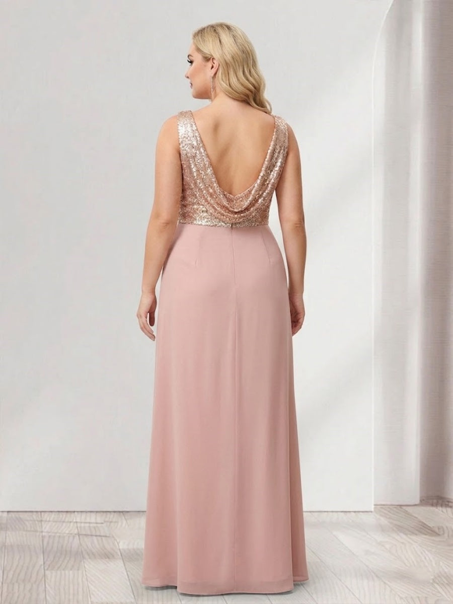 A-Line/Princess V-Neck Sleeveless Sequins Plus Size Bridesmaid Dresses