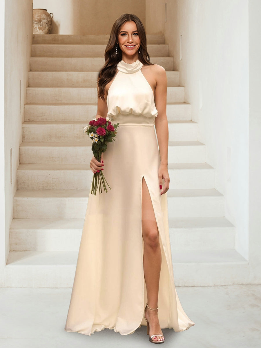 A-Line/Princess Halter Sleeveless Split Side Bridesmaid Dresses Lavetir UK A-Line/Princess Halter Sleeveless Split Side Bridesmaid Dresses Lavetir UK