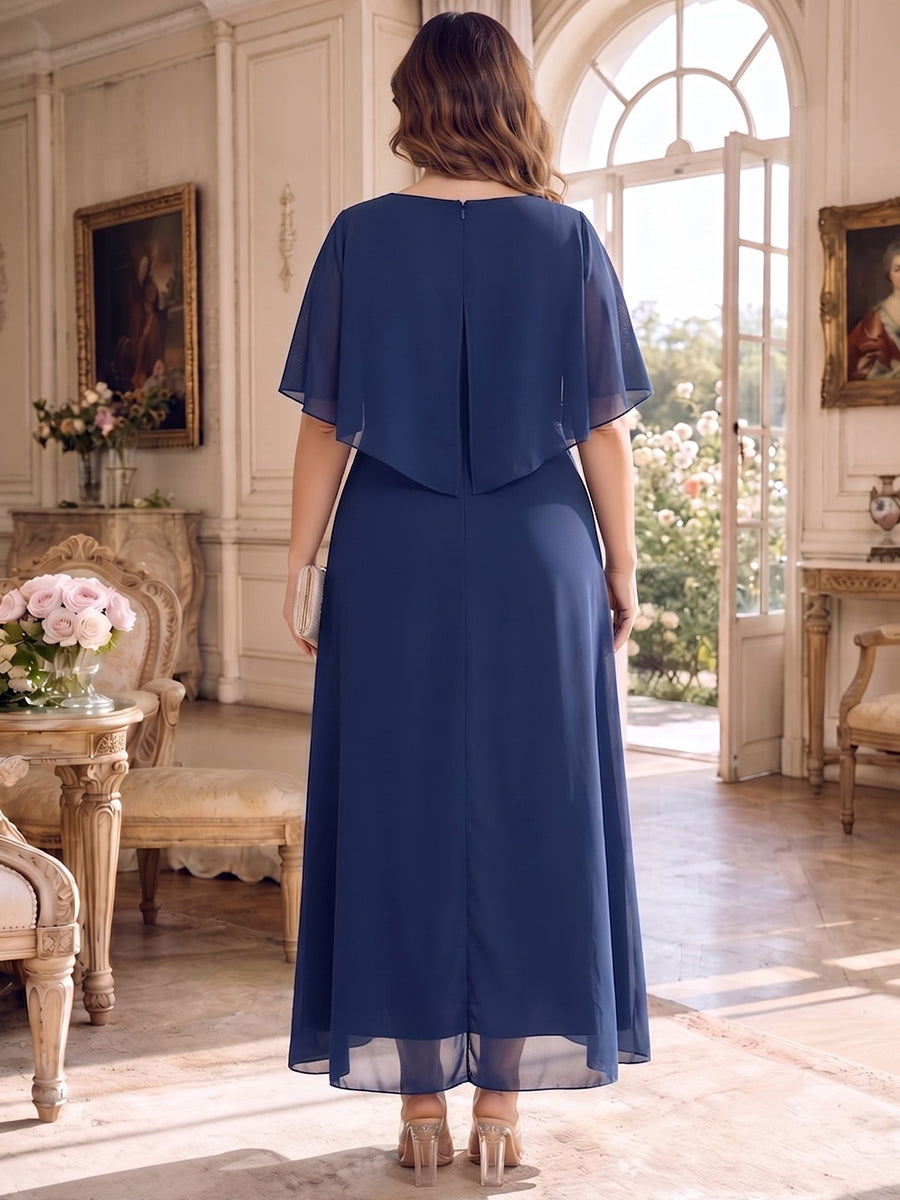 Sheath/Column Scoop Cap Sleeves Chiffon Tea-Length Plus Size Mother of the Bride Dresses with Tiered&Ruffles