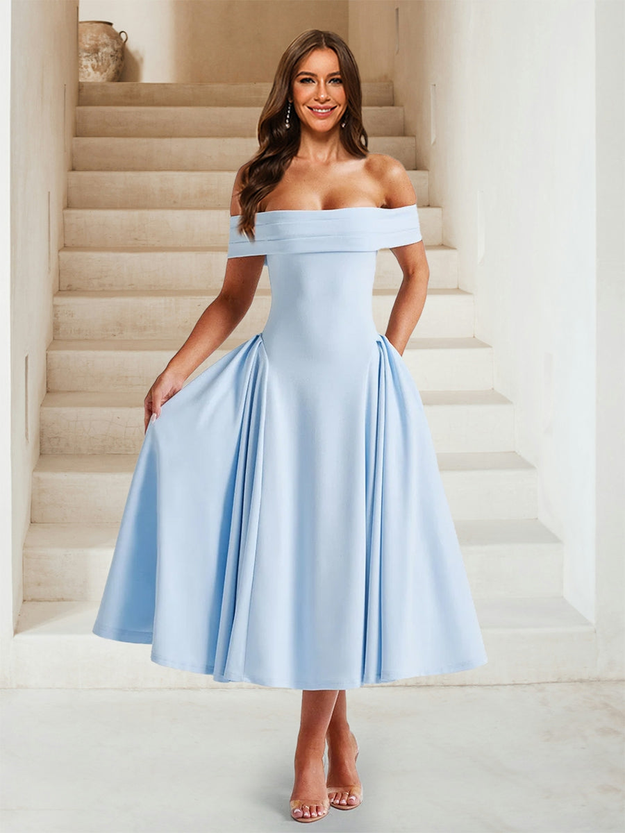 A-Line/Princess Off-the-Shoulder Tea-Length Bridesmaid Dresses with Pl –  Lavetir UK