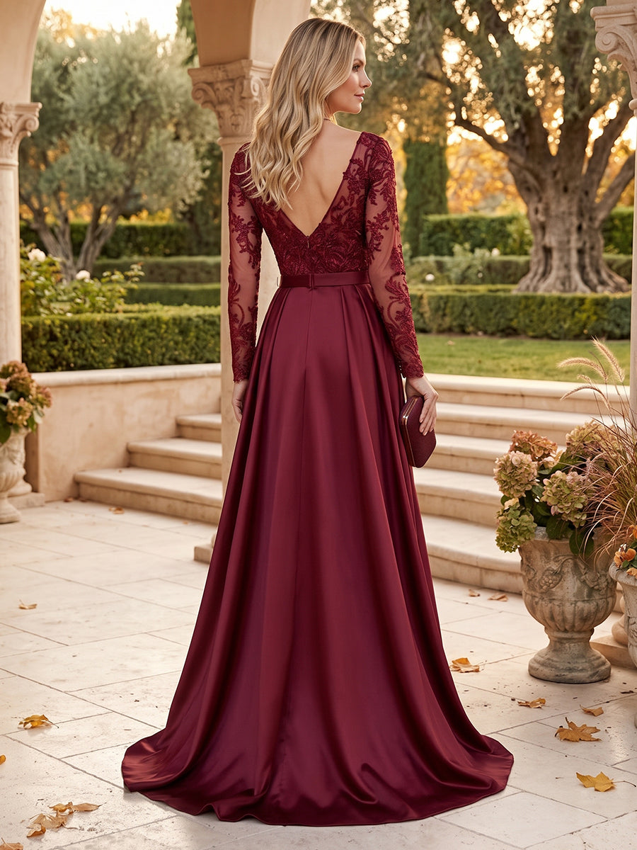A-Line/Princess Scoop Long Sleeves Floor-Length Pleated Mother of the Bride Dresses with Appliques & Blet
