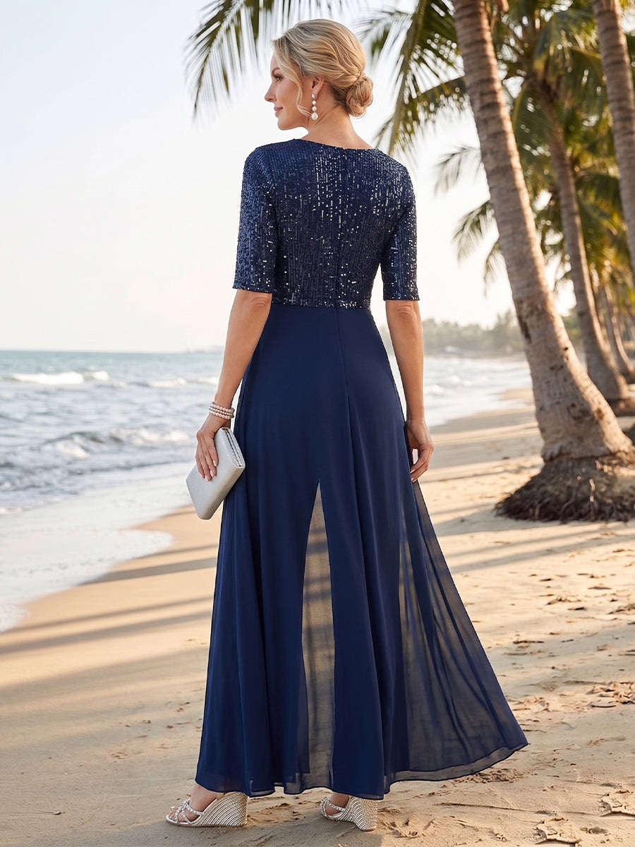 Pantsuits V-Neck Half Sleeves Floor-Length Mother of the Bride with Bow & Sequin