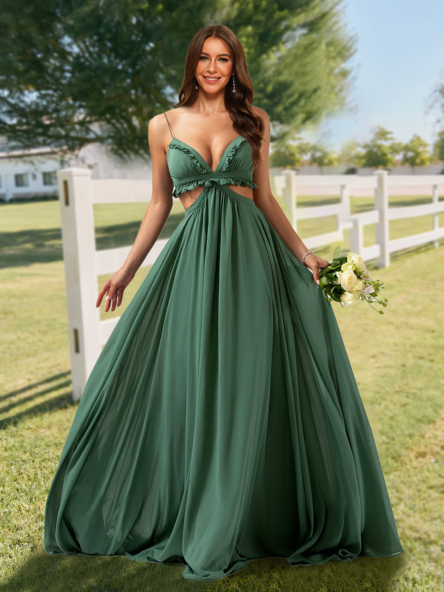 A-Line/Princess Straps V-Neck Side Cutout Bridesmaid Dresses with Ruff Lavetir UK A-Line/Princess Straps V-Neck Side Cutout Bridesmaid Dresses with Ruff Lavetir UK