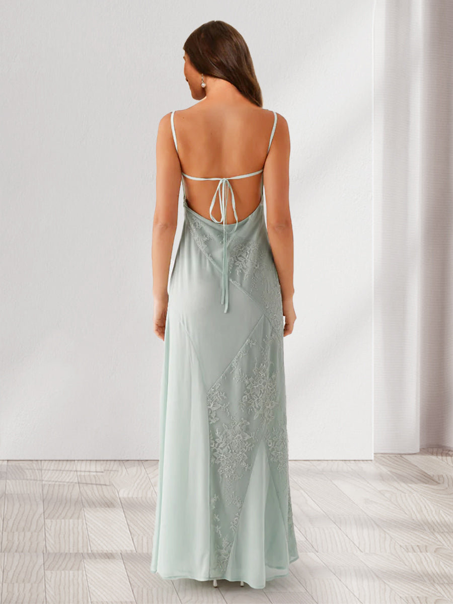 Sheath/Column Spaghetti Straps Long Bridesmaid Dresses with Appliques