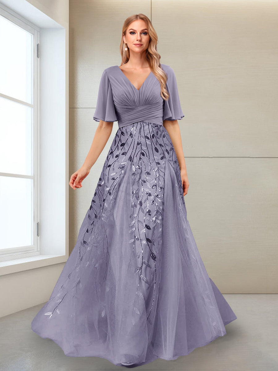 A-Line V-Neck Half Sleeves Split Side Mother of the Bride Dresses with Appliques