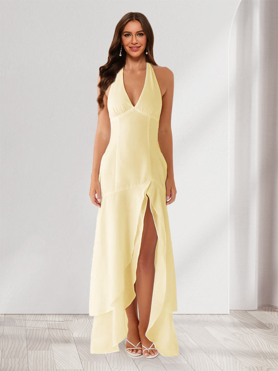 Sheath/Column Halter Ruffle Maxi Dresses Long Bridesmaid Dresses with   Lavetir UK