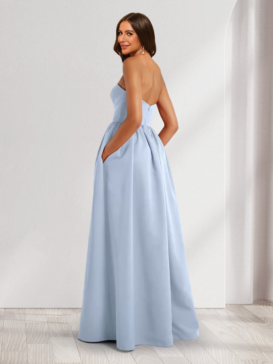 A-Line/Princess Strtapless Maxi Dresses Long Bridesmaid Dresses with Pockets