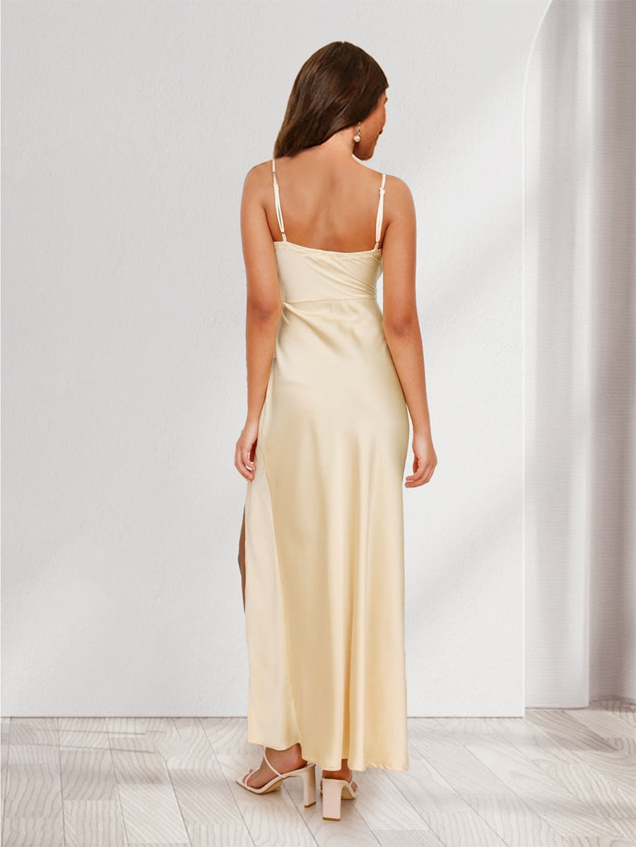 Sheath/Column Spaghetti Straps Ruched Sexy Bridesmaid Dresses with Side Slit